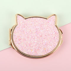 Cute Cat Ear Chunky Glitter Compact Mirror - Luxury Gold Electroplated Metal Double-Sided Folding Pocket Vanity Mirror with Sparkly Sequins & HD Glass for Purse, Travel, Girls & Gifts 🐱✨💖