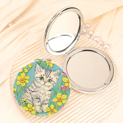 Cute cat floral PU leather compact mirror, product view 1