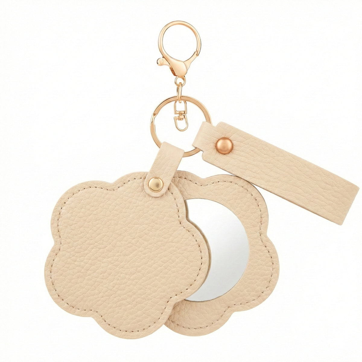 Litchi Grain PU Leather Flower-Shaped Compact Mirror Keychain - Multi-Color Cute HD Swivel Folding Travel Mirror