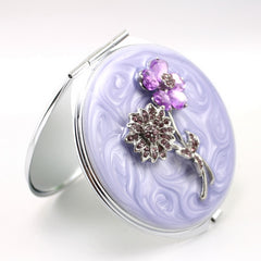 Vintage Purple Epoxy Resin Floral Compact Mirror - Luxury Round Silver Metal Double-Sided Folding Pocket Vanity Mirror with Rhinestone