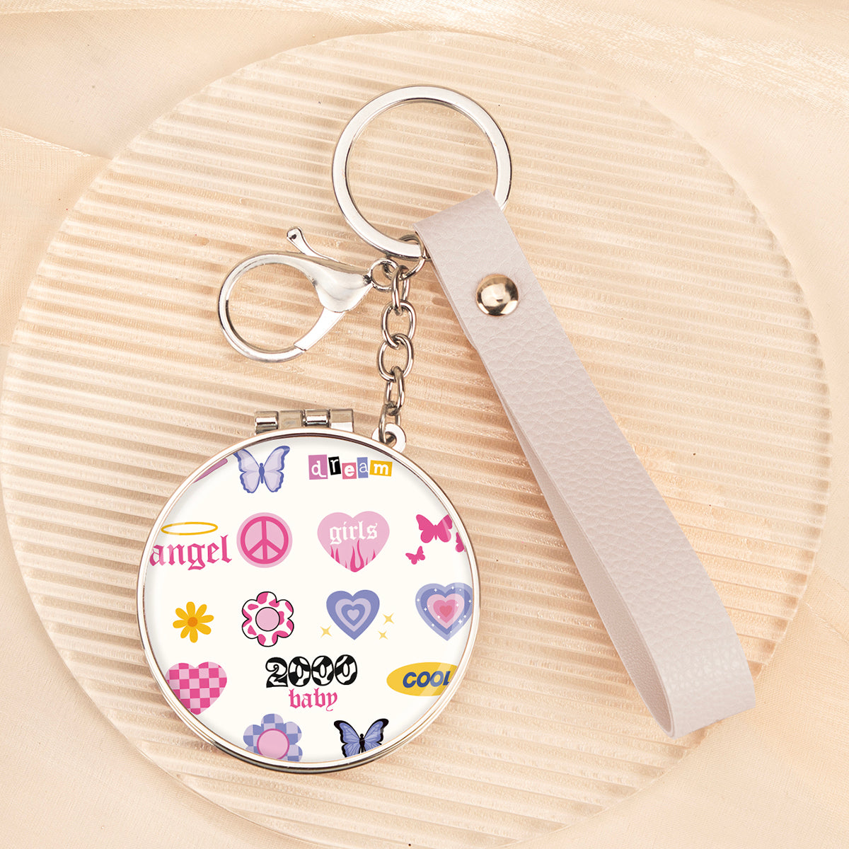 Round Compact Mirror with Keychain & Wristlet - Epoxy Resin Glossy Surface, Double-Sided Folding Travel Mirror - Portable 60mm Pocket Mirror for Women & Girls, Perfect for Purses, School Bags & Daily Touch-ups 💖✨