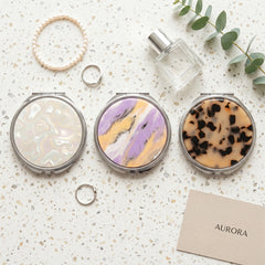 Acetate Round Compact Mirror - Elegant Tortoiseshell & Marble Pattern Double-Sided Travel Mirror with Metal Frame - Premium Pocket Mirror with 95% HD Reflectivity for Purses, Handbags & Women on the Go 🐚✨