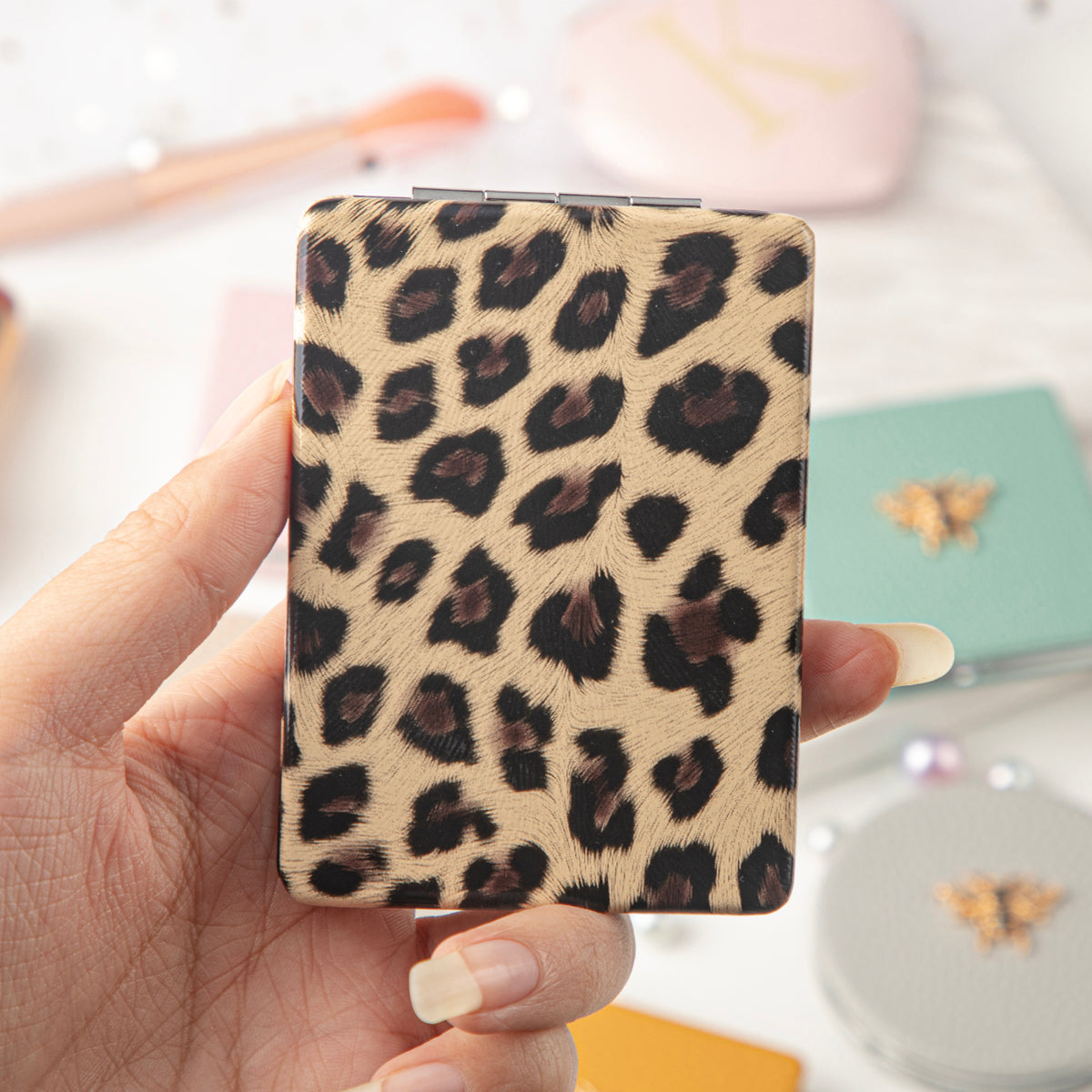 Leopard Print Rectangle Compact Mirror, Stylish Double-Sided Folding Makeup Mirror with 95% High Reflectivity, Portable Pocket Mirror for Purse/Travel, Gift for Women & Fashion Lovers