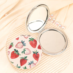 Cute Strawberry Compact Mirror Round Folding Pocket Mirror PU Leather Double Sided Metal Cosmetic Mirror Portable Beauty Tool