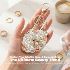 Bling Lip-Shaped Compact Mirror with Rhinestones, Double-Sided Folding Makeup Mirror, Portable Keychain Mirror for Purse Travel, Gift for Women Girls