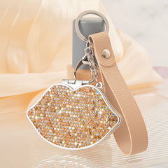 Bling Lips Shape Double-Sided Compact Mirror with Leather Keychain Strap, 64*58mm Portable Makeup Mirror, Eco-friendly HD Pocket Mirror, Ideal Gift for Women & Girls