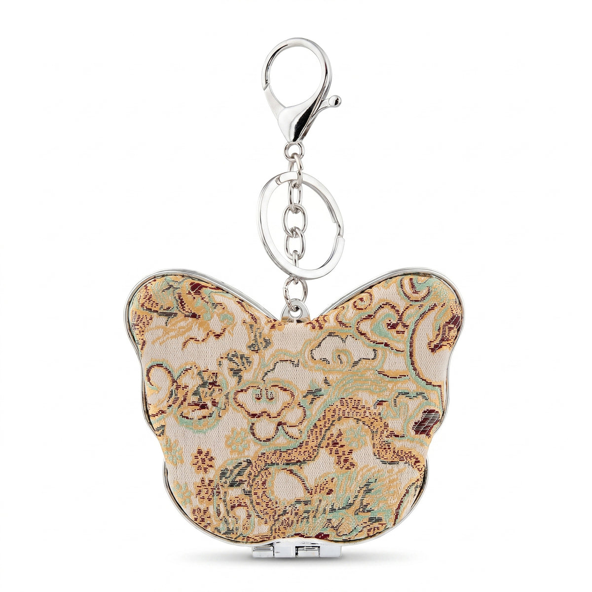 Butterfly Shaped Compact Mirror Keychain for Women & Girls, Double-Sided Makeup Mirror with Song Brocade Fabric Cover, Portable Butterfly Pocket Mirror with Glass Mirror & Key Ring for Travel and Daily Use