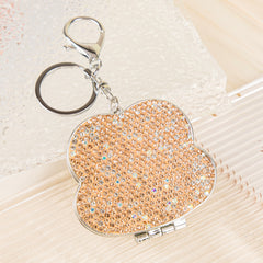 Sparkling Rhinestone Keychain Compact Mirror Flower Shaped Metal Folding Pocket Mirror Dual Sided Bling Vanity Mirror