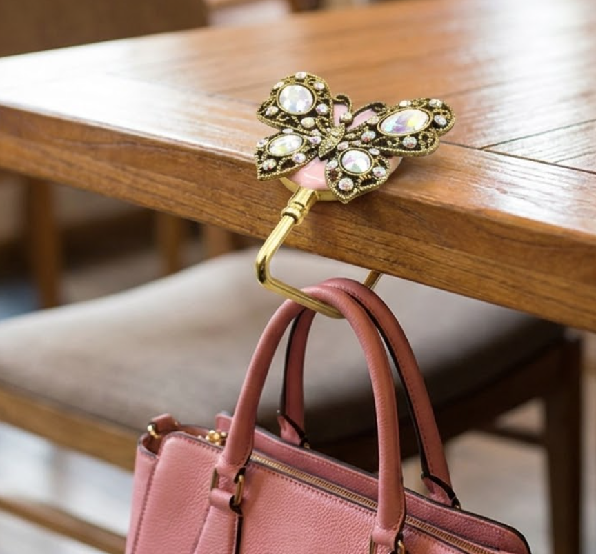 Luxury Vintage Butterfly Folding Purse Hook for Table - Sparkling Rhinestone Purse Hanger Holder