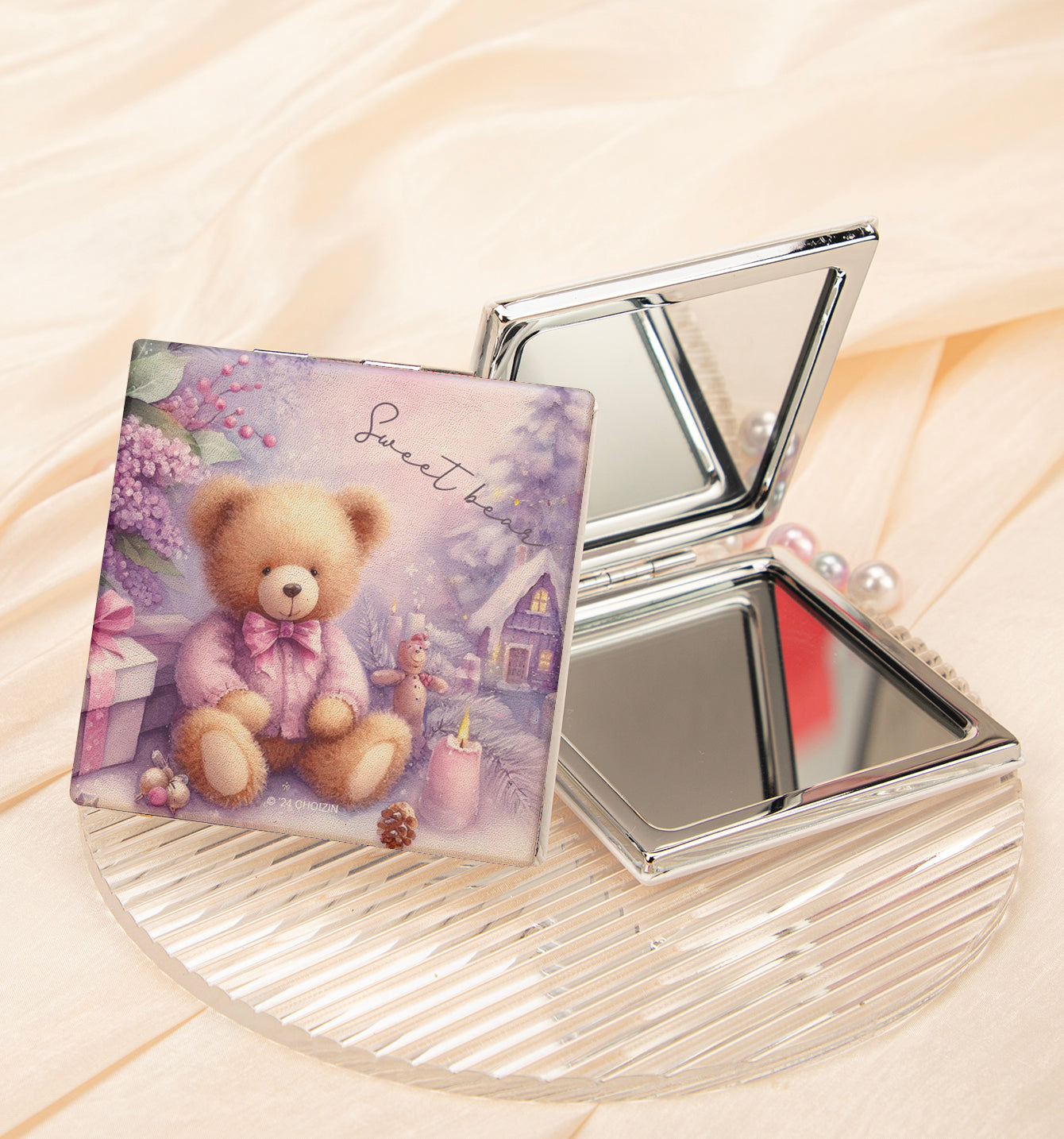 Cute teddy bear PU leather compact mirror, product view 4
