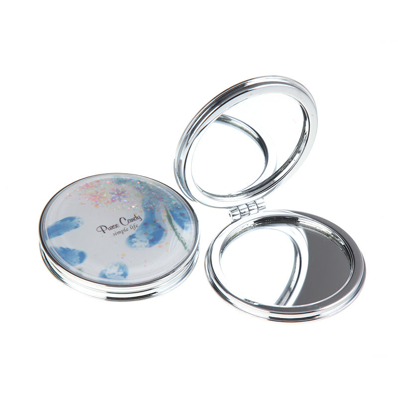 Sparkling Quicksand Liquid Printed Compact Mirror - Cute Round Silver Plastic Frame Double-Sided Folding Pocket Vanity Mirror with Floating Glitter & HD Glass for Purse, Travel & Gifts ✨⏳🪞