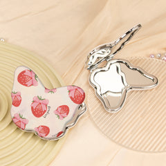 Cute Butterfly Compact Mirror PU Leather Folding Pocket Mirror Silver Plated Plastic Frame Double Sided Strawberry Vanity