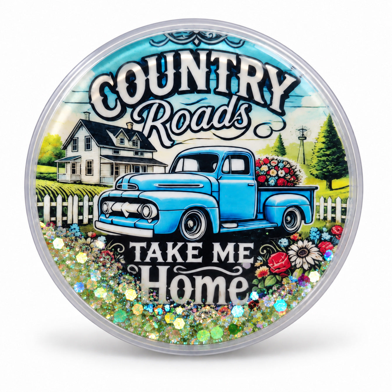 70mm round liquid glitter fridge magnet Country Roads front view