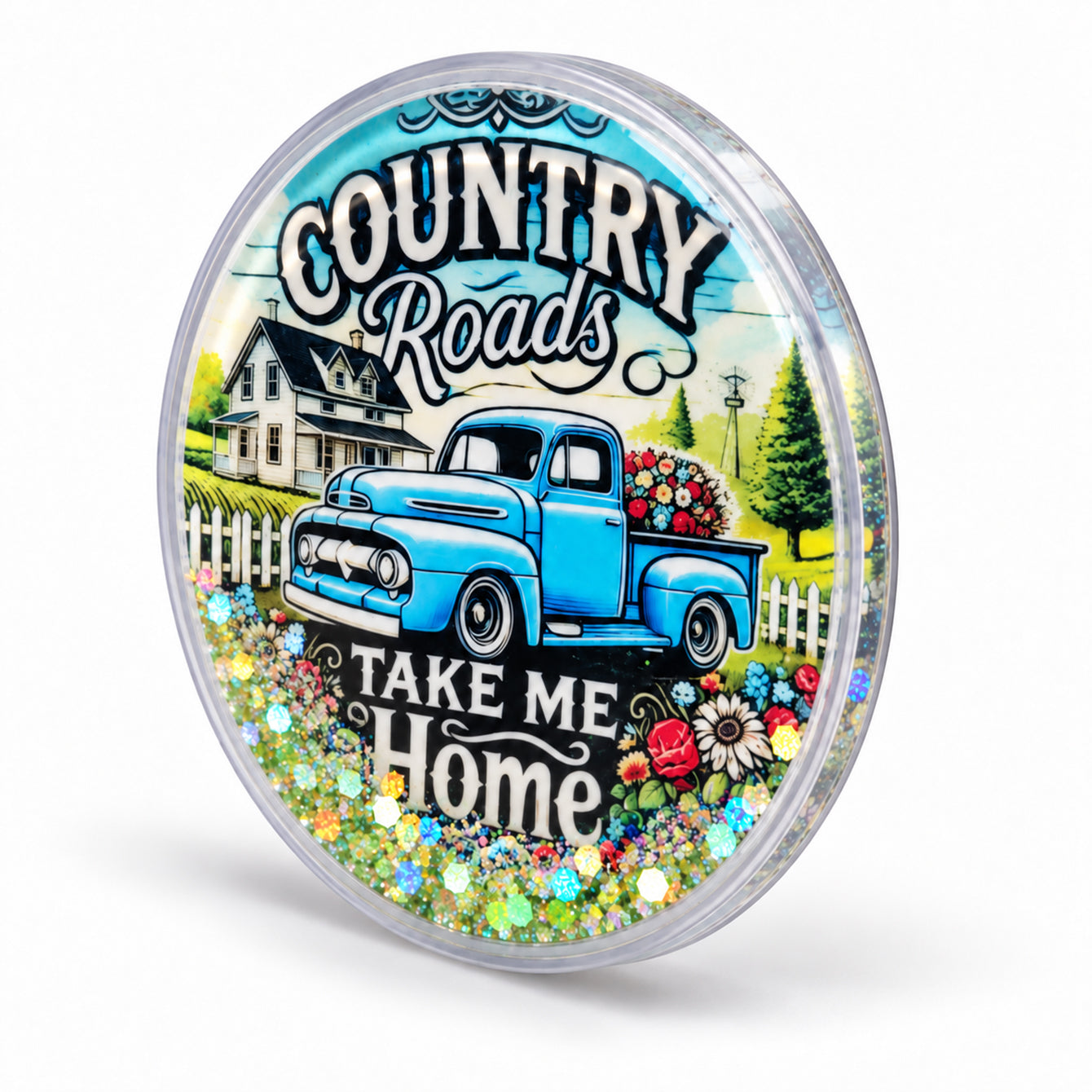 Country Roads round liquid glitter fridge magnet angled view