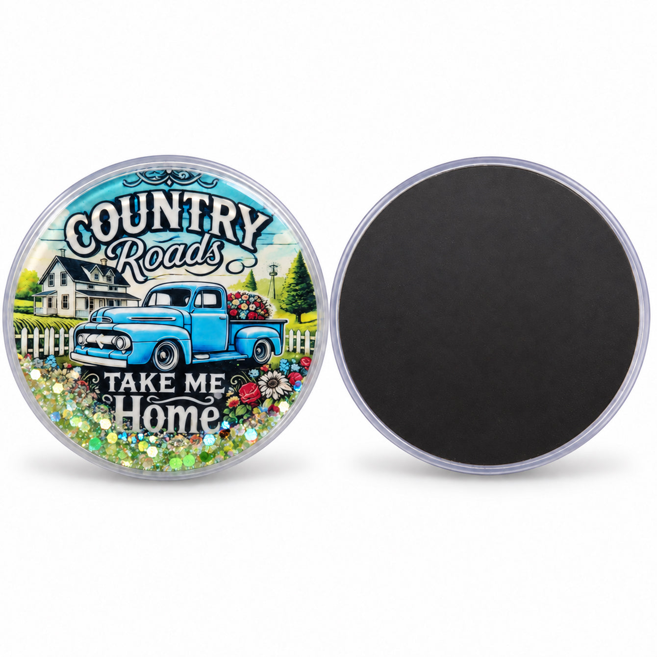 Country Roads liquid glitter fridge magnet front and back views