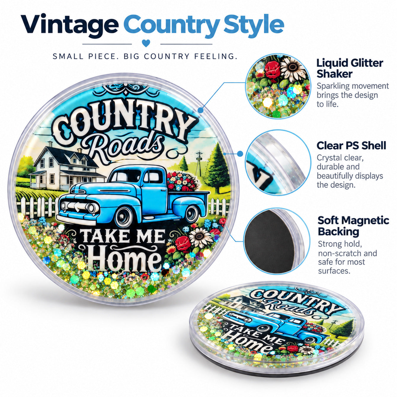 Vintage Country Style liquid glitter shaker magnet features