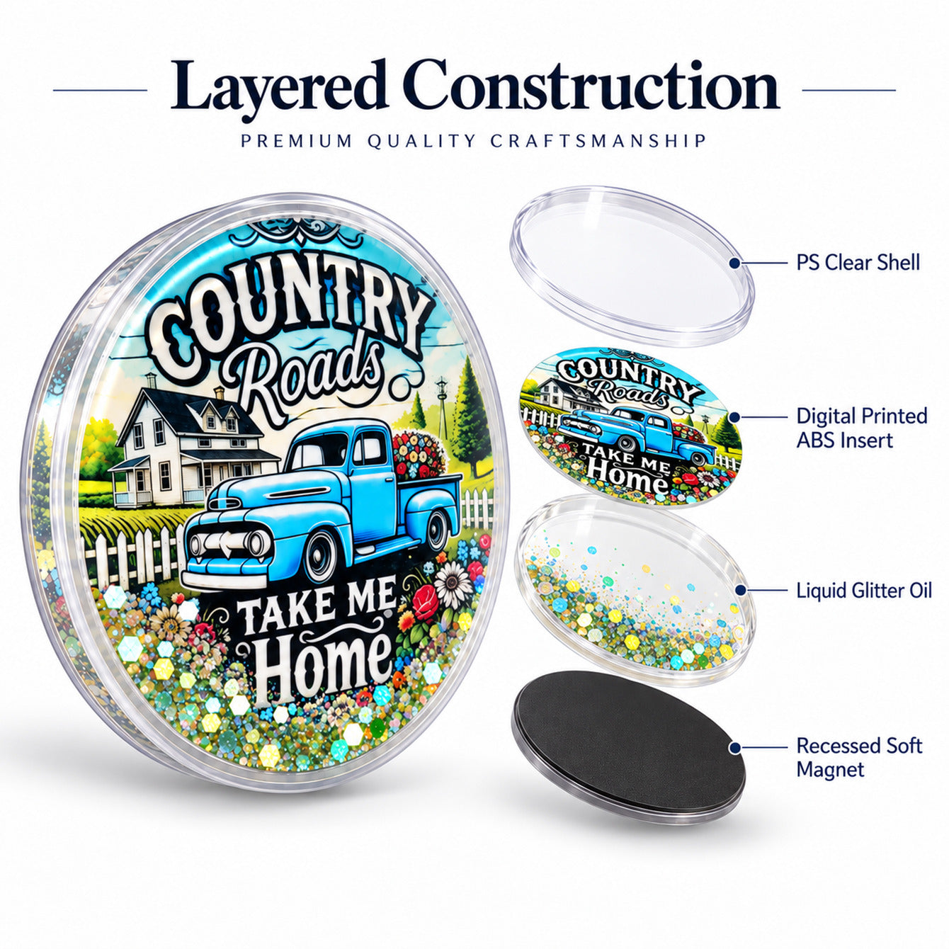 Layered construction PS shell ABS insert glitter oil soft magnet