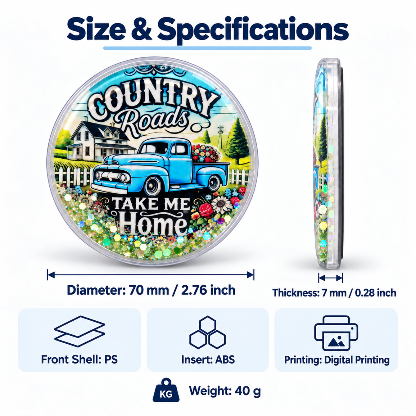 70mm diameter 7mm thickness 40g liquid glitter fridge magnet specifications