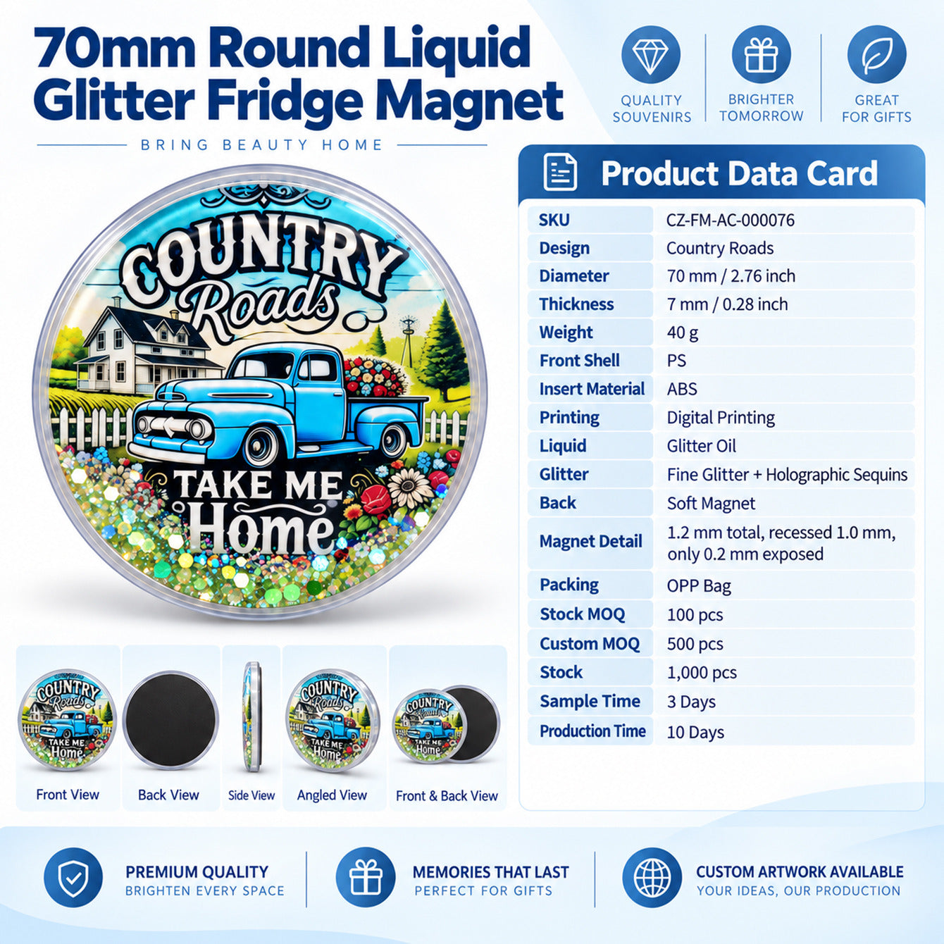 70mm round liquid glitter fridge magnet product data card