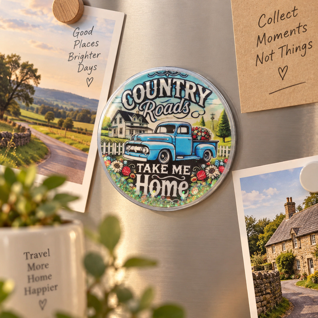 Country Roads glitter fridge magnet Instagram lifestyle refrigerator scene
