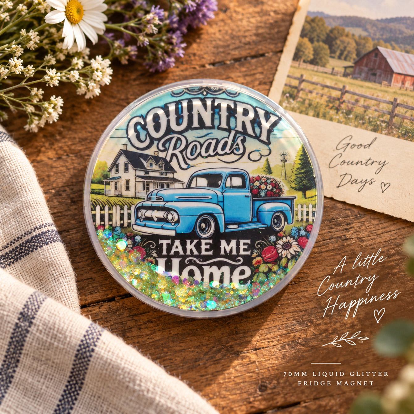 Country Roads liquid glitter fridge magnet Instagram country flatlay