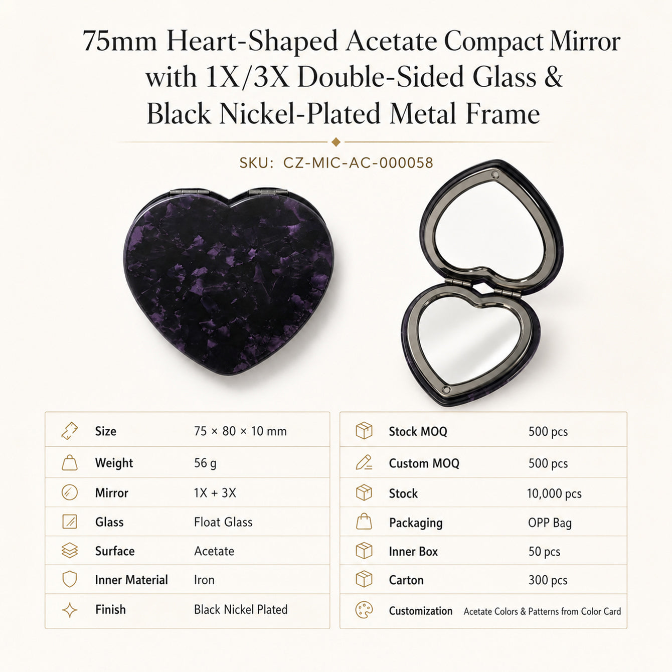 B2B product card for 75mm heart-shaped acetate compact mirror
