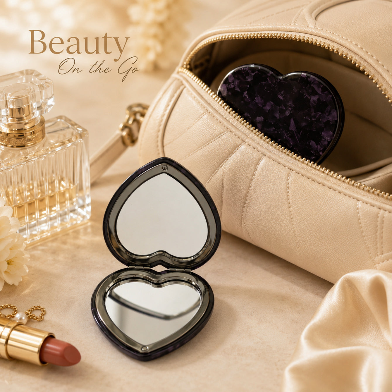 Portable heart-shaped acetate compact mirror for handbag and travel