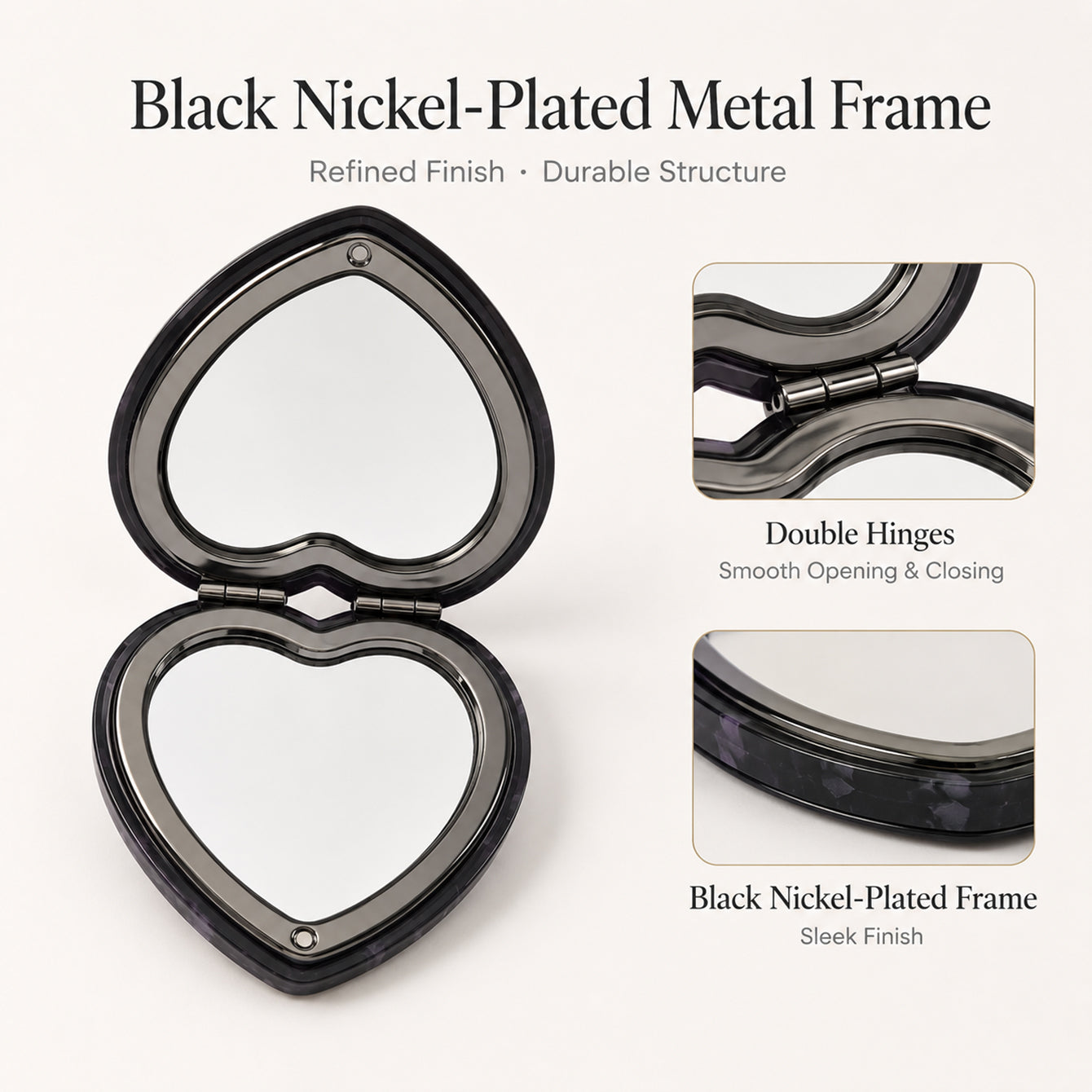 Black nickel-plated metal frame and double hinge detail of heart compact mirror