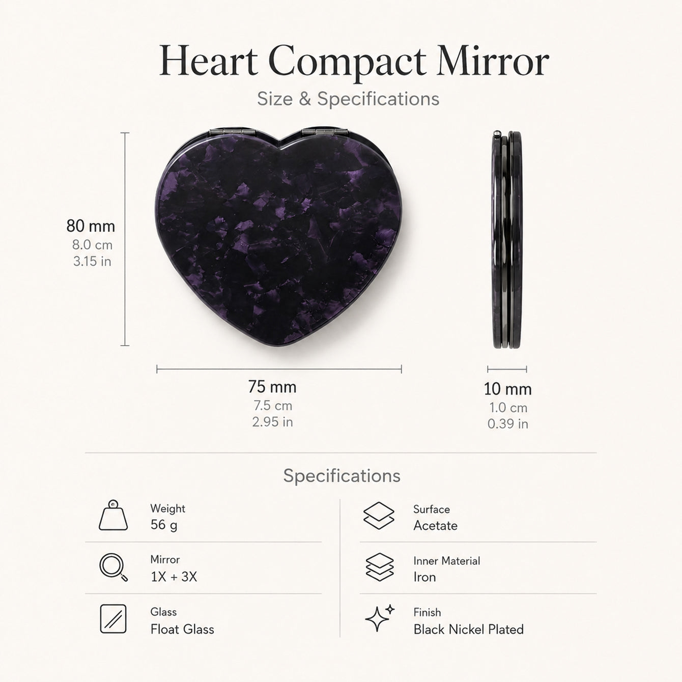75 x 80 x 10 mm heart-shaped acetate compact mirror size specifications
