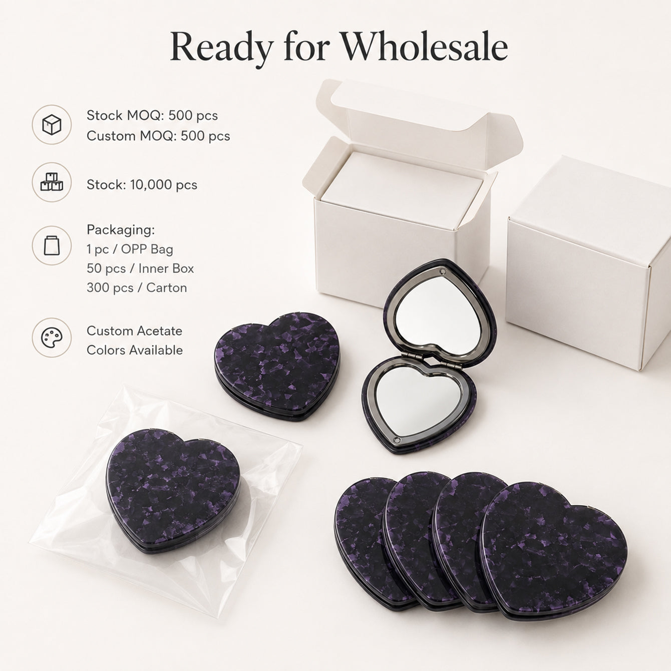 Wholesale packaging display for heart-shaped acetate compact mirror