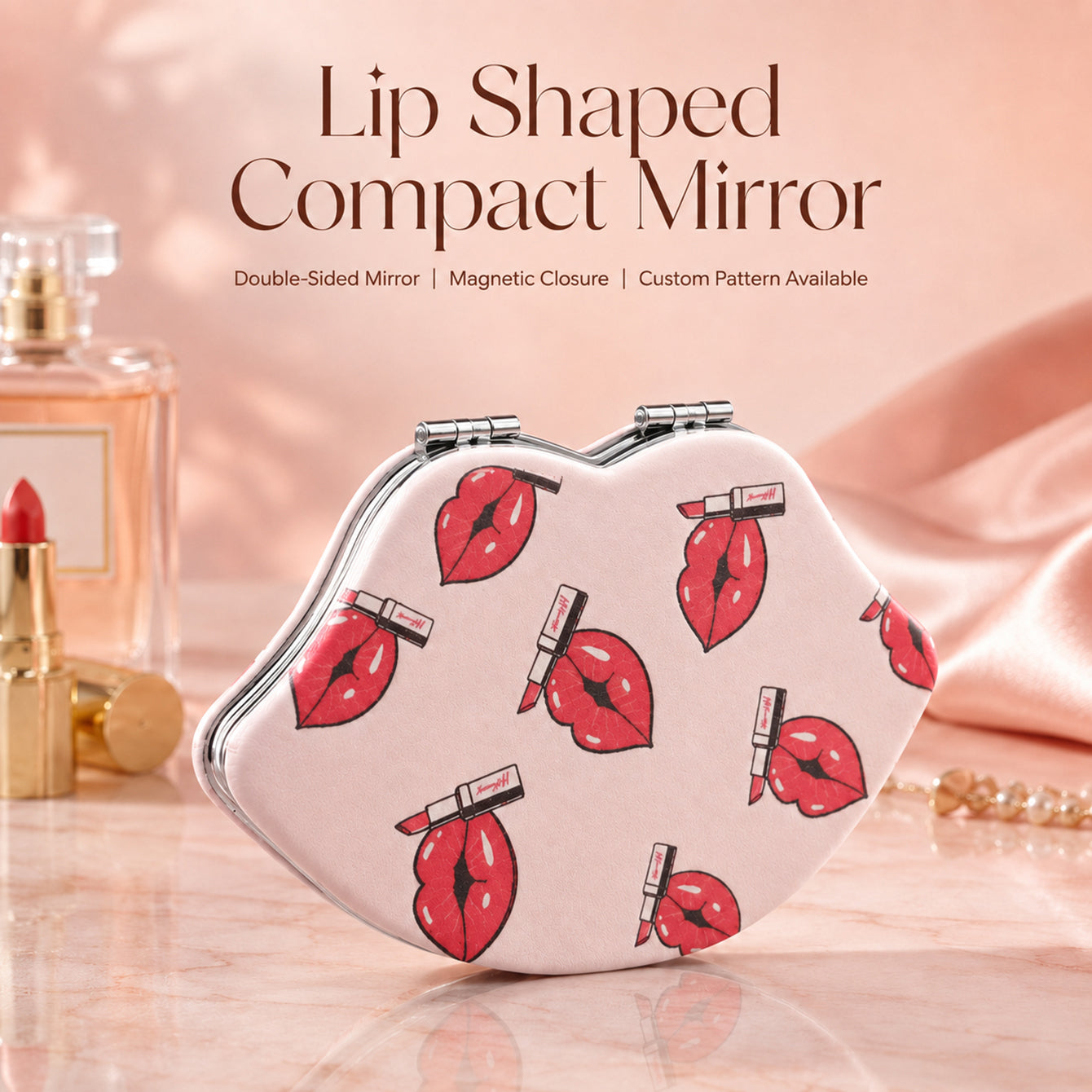 Lip-shaped compact makeup mirror with magnetic closure