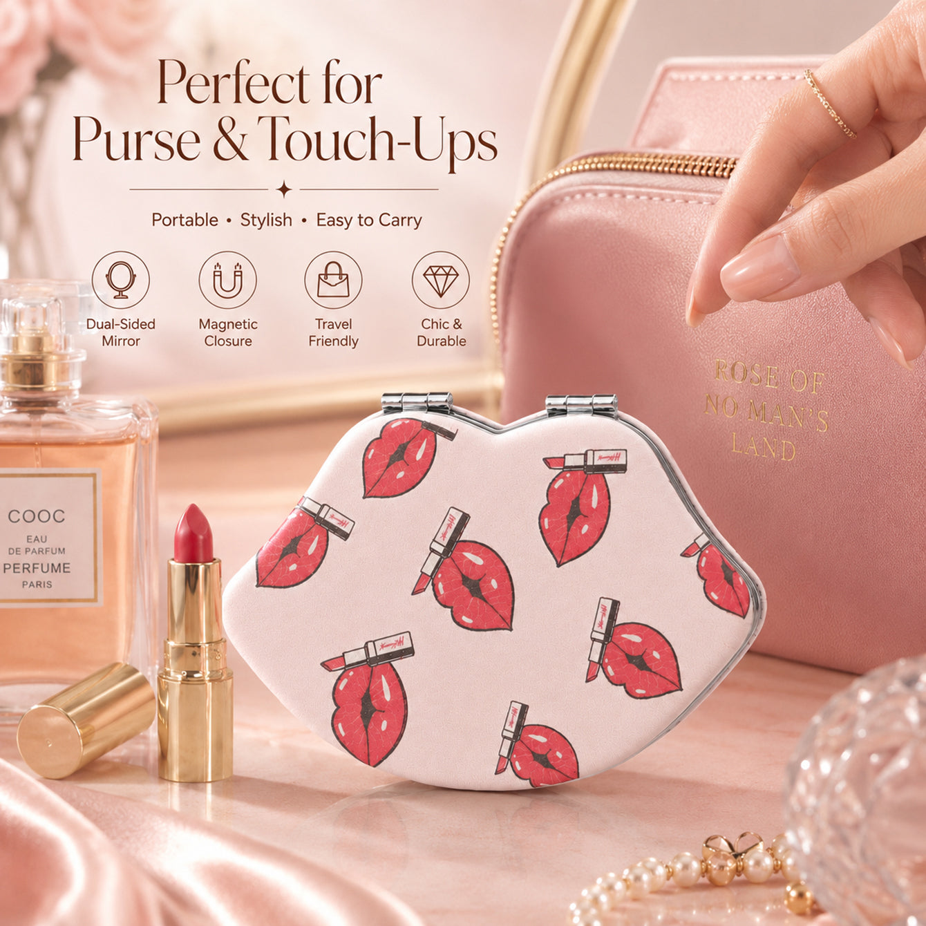 Portable lip-shaped makeup mirror for purse and travel