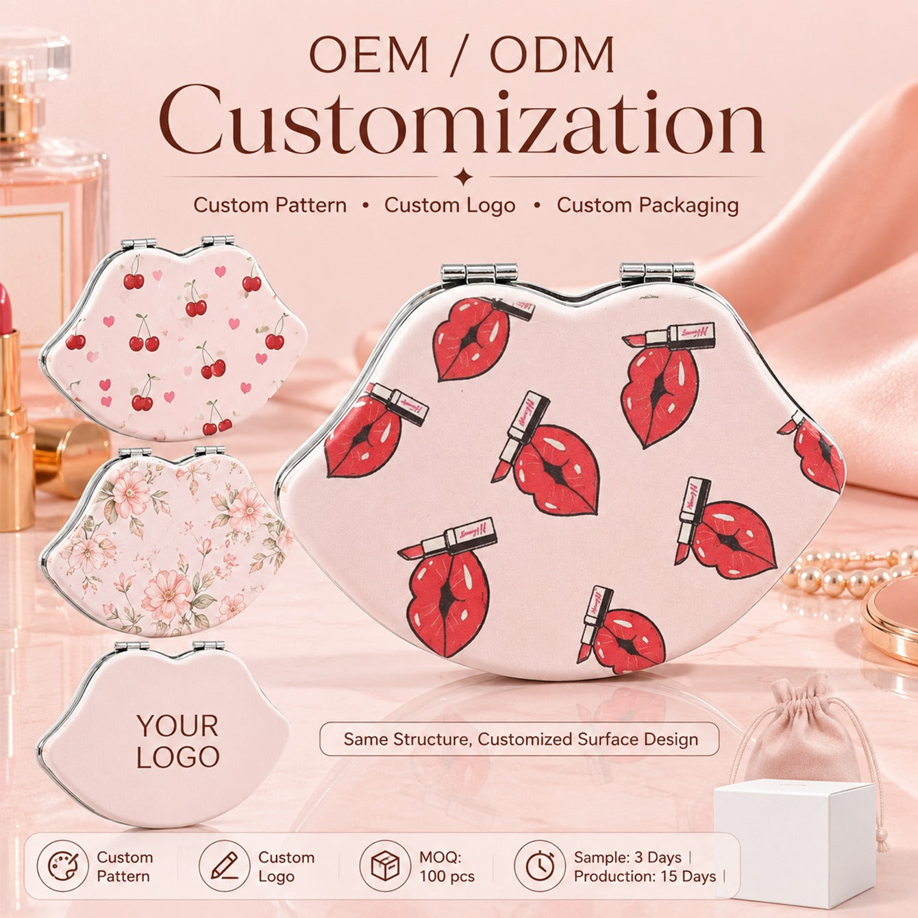 OEM ODM custom lip-shaped PU leather compact mirror