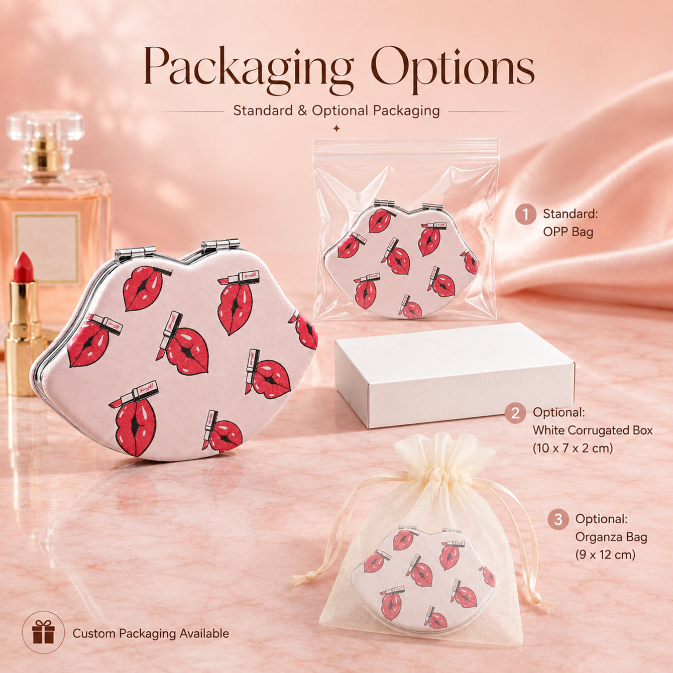 Lip-shaped compact mirror packaging options OPP box and organza bag