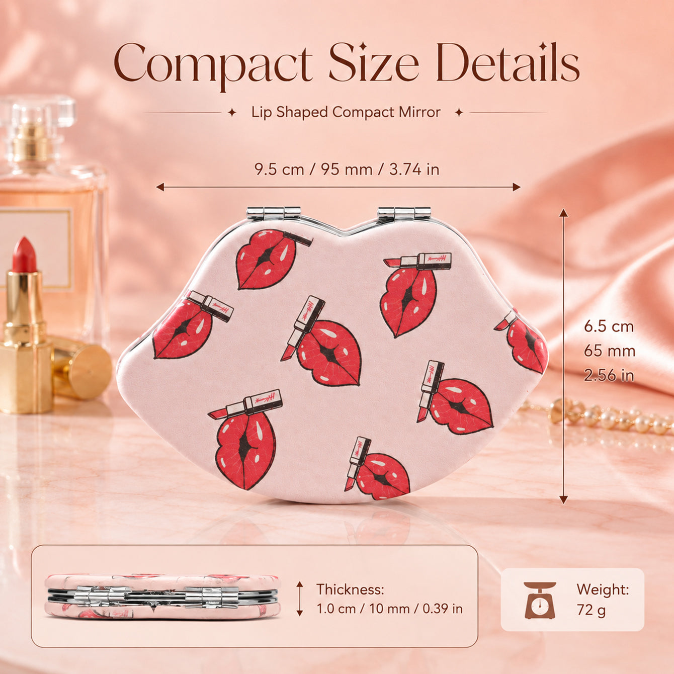Lip-shaped compact mirror size 95 x 65 x 10 mm