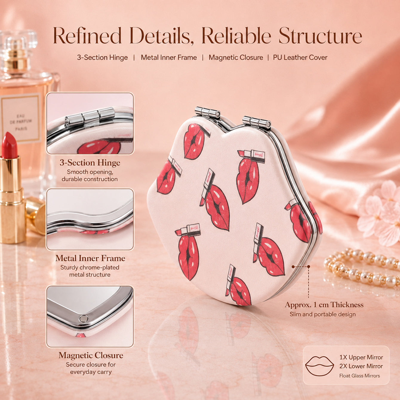 PU leather compact mirror metal hinge and magnetic closure details