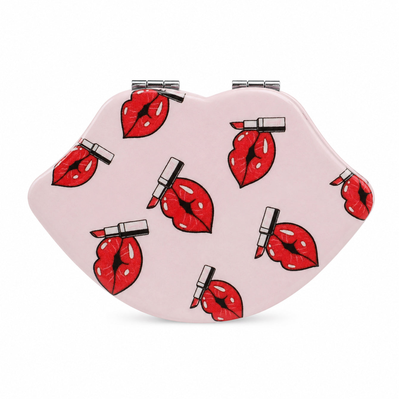 Lip-shaped PU leather compact mirror with red lips and lipstick print