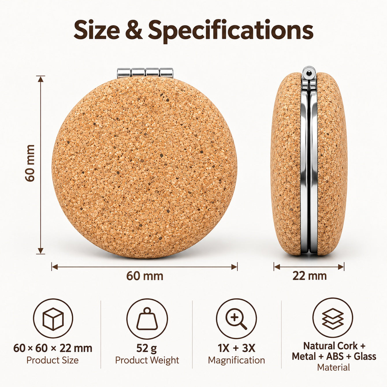 6cm version size and weight 60x60x22 mm, 52 grams