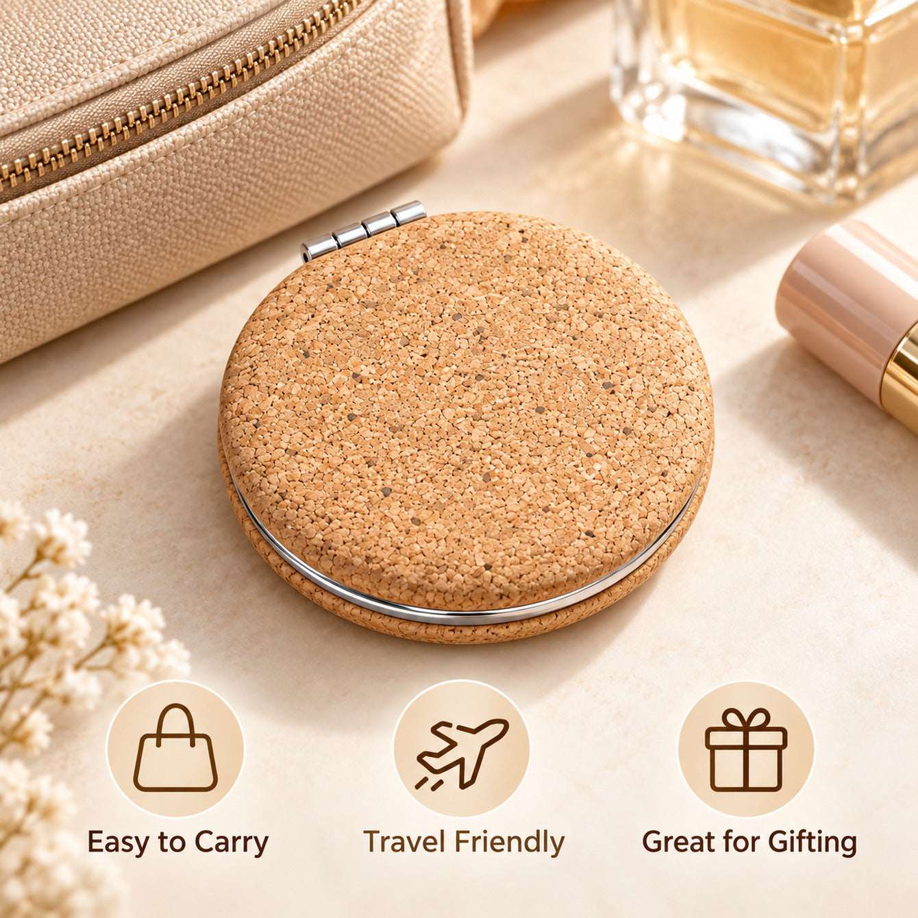 Natural cork pocket mirror travel scene