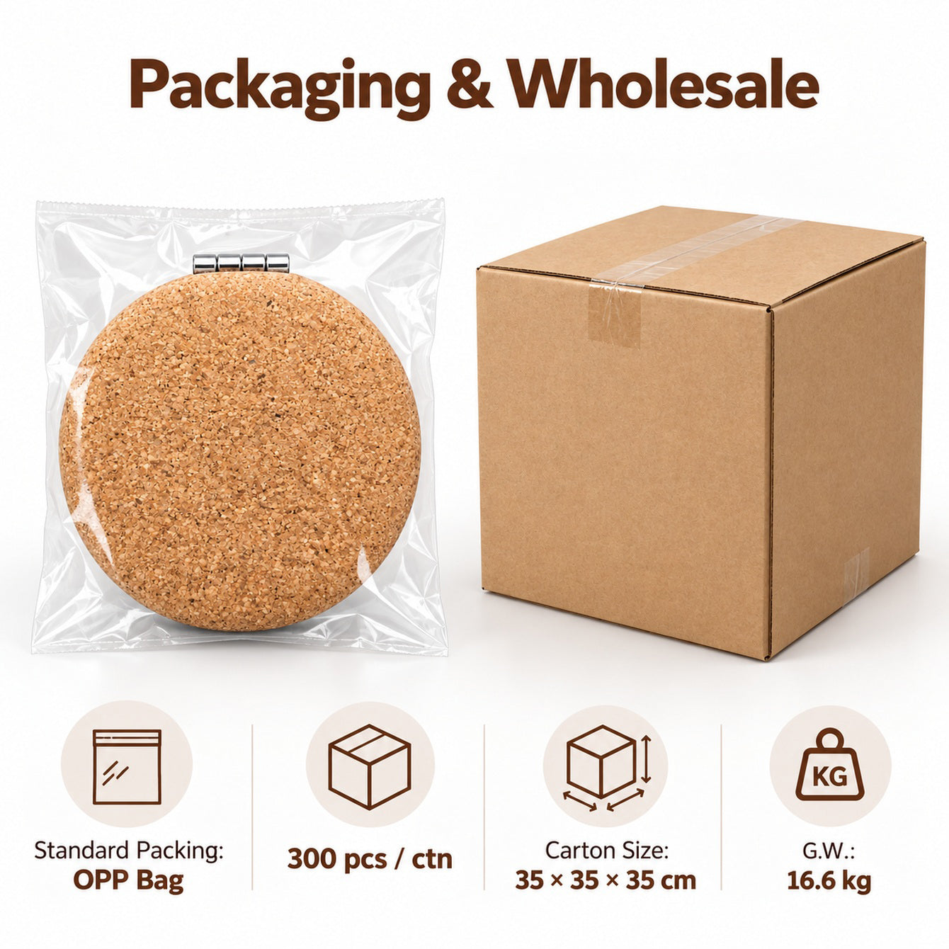 6cm natural cork compact mirror carton and OPP packaging