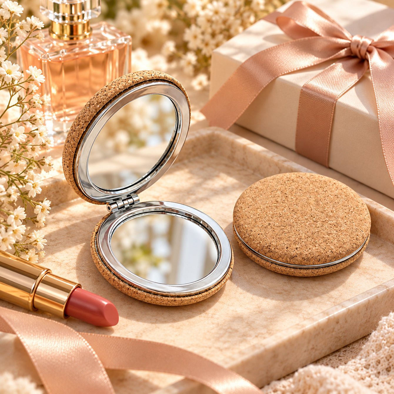 Cork compact mirror gifting lifestyle scene