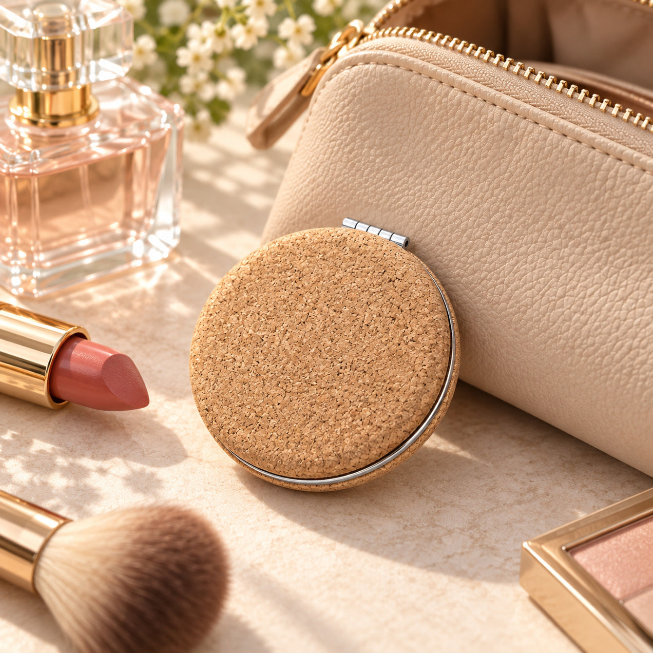 Natural cork compact mirror beauty vanity scene