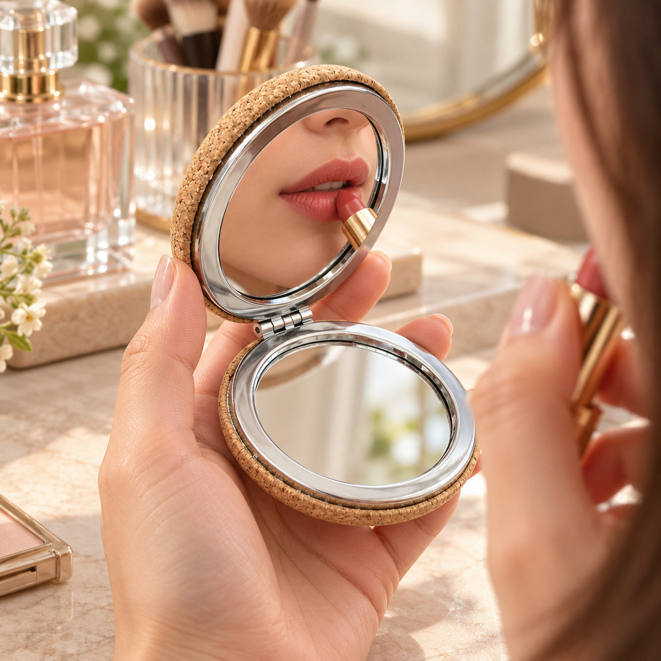 Cork folding mirror used for lip makeup