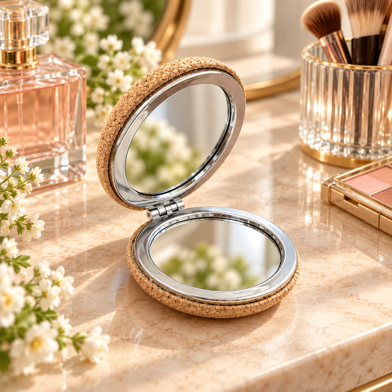 Open cork folding mirror on vanity table