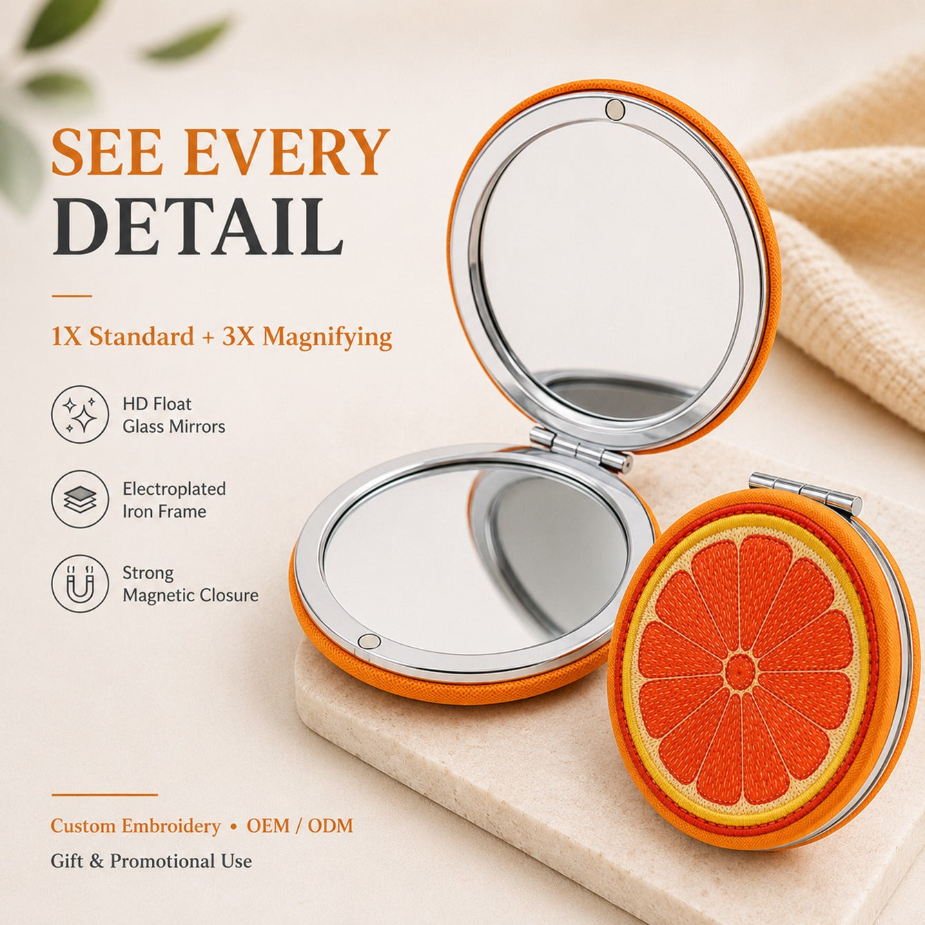 Open embroidered compact mirror with 1X standard and 3X magnifying HD float glass mirrors