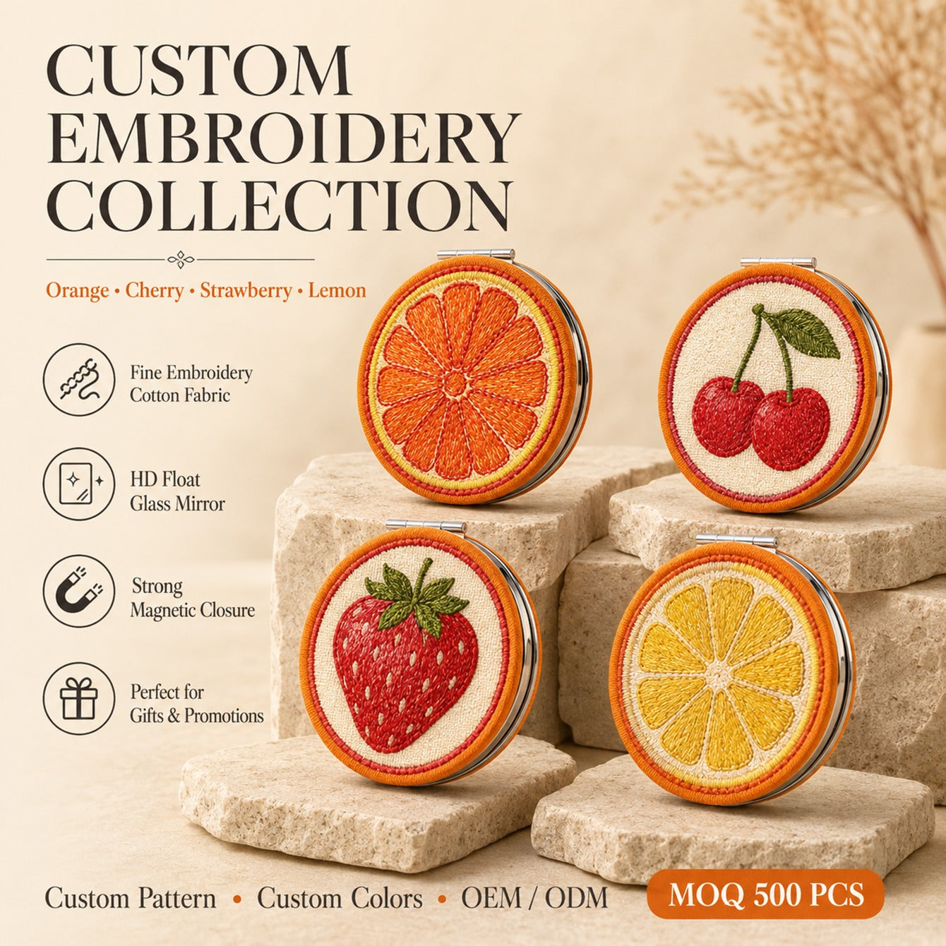 70 mm embroidered compact mirror size chart with 10 mm thickness, 70 g weight, 1X and 3X mirrors