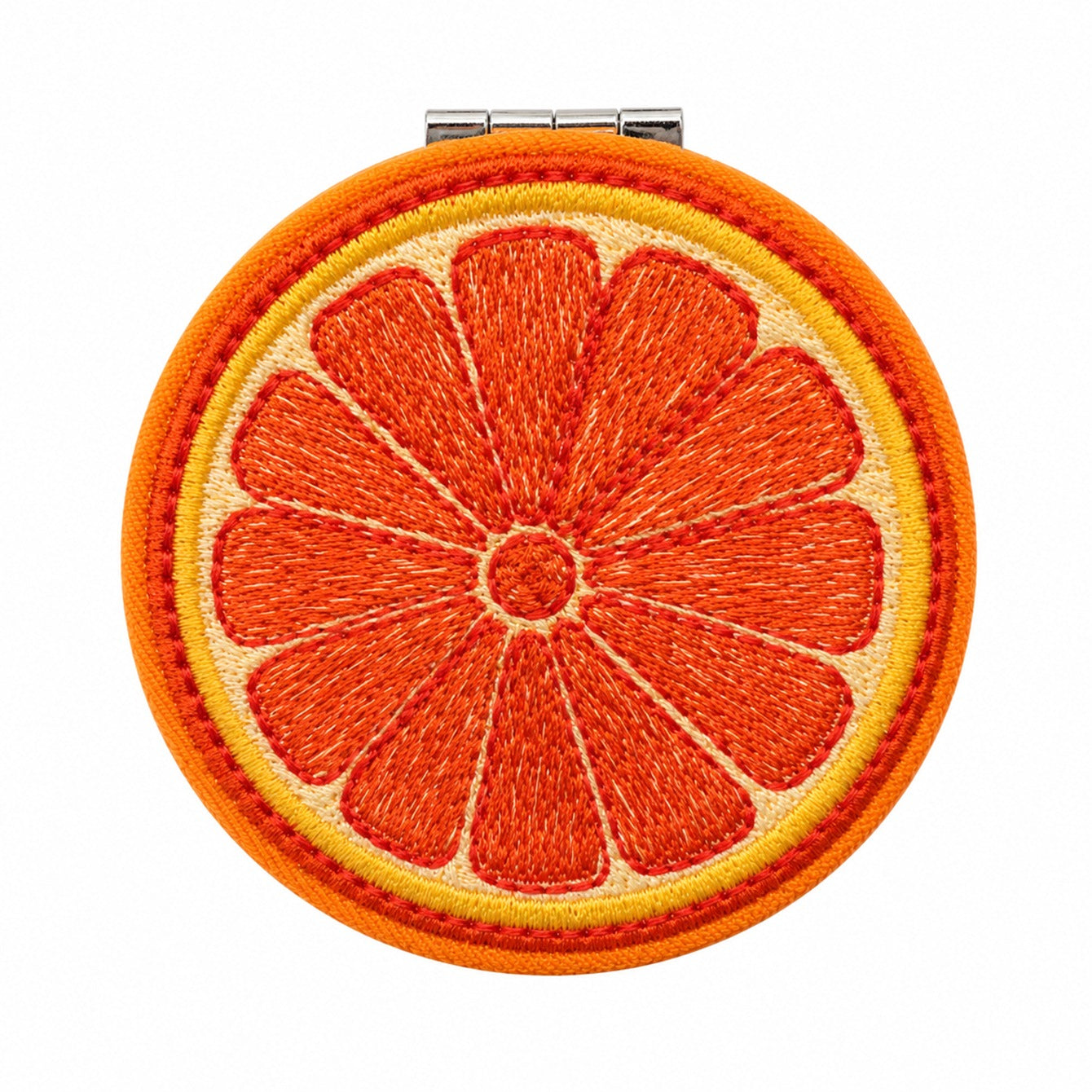 Orange embroidered cotton fabric compact mirror with electroplated iron frame