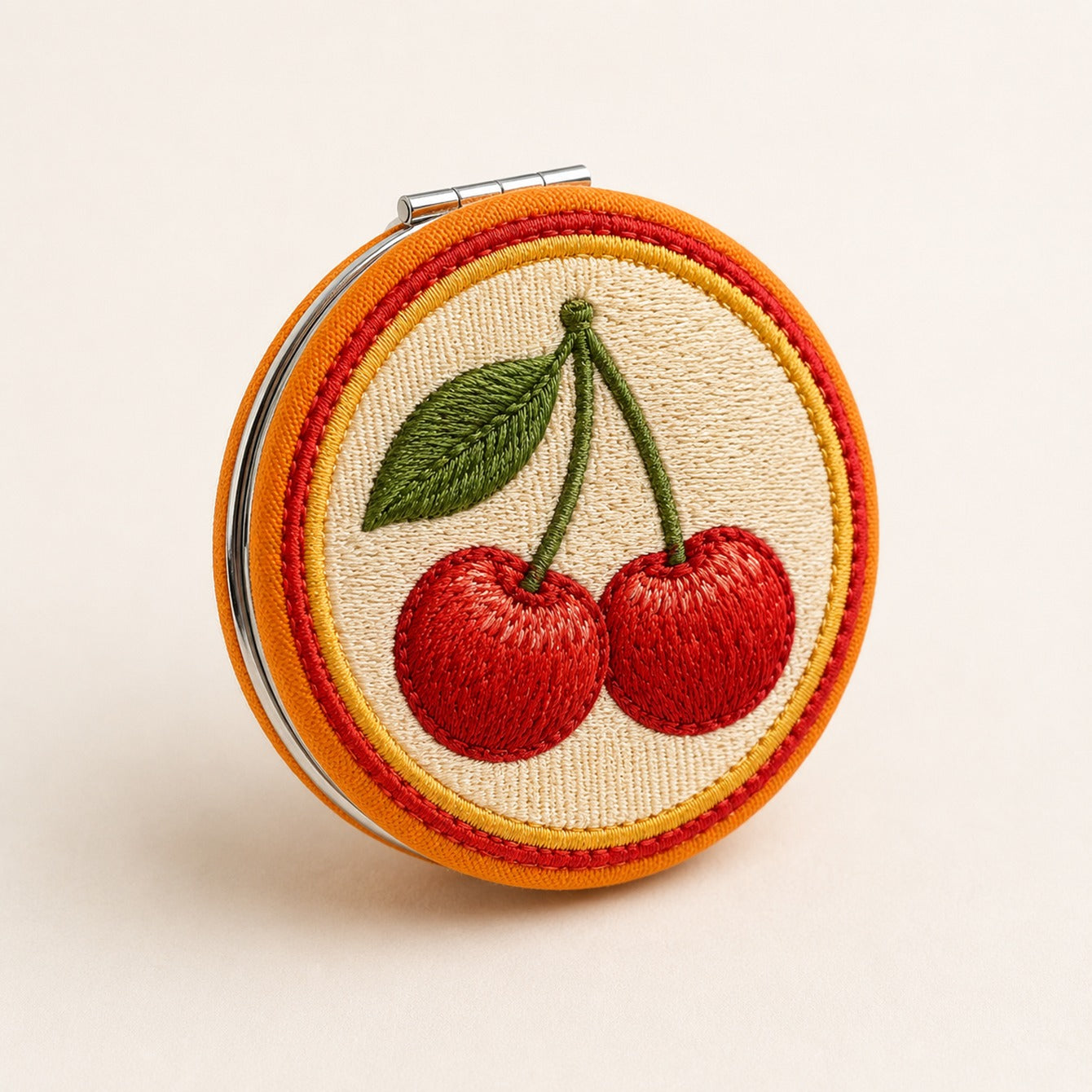 Cherry embroidered cotton fabric compact mirror with electroplated iron frame