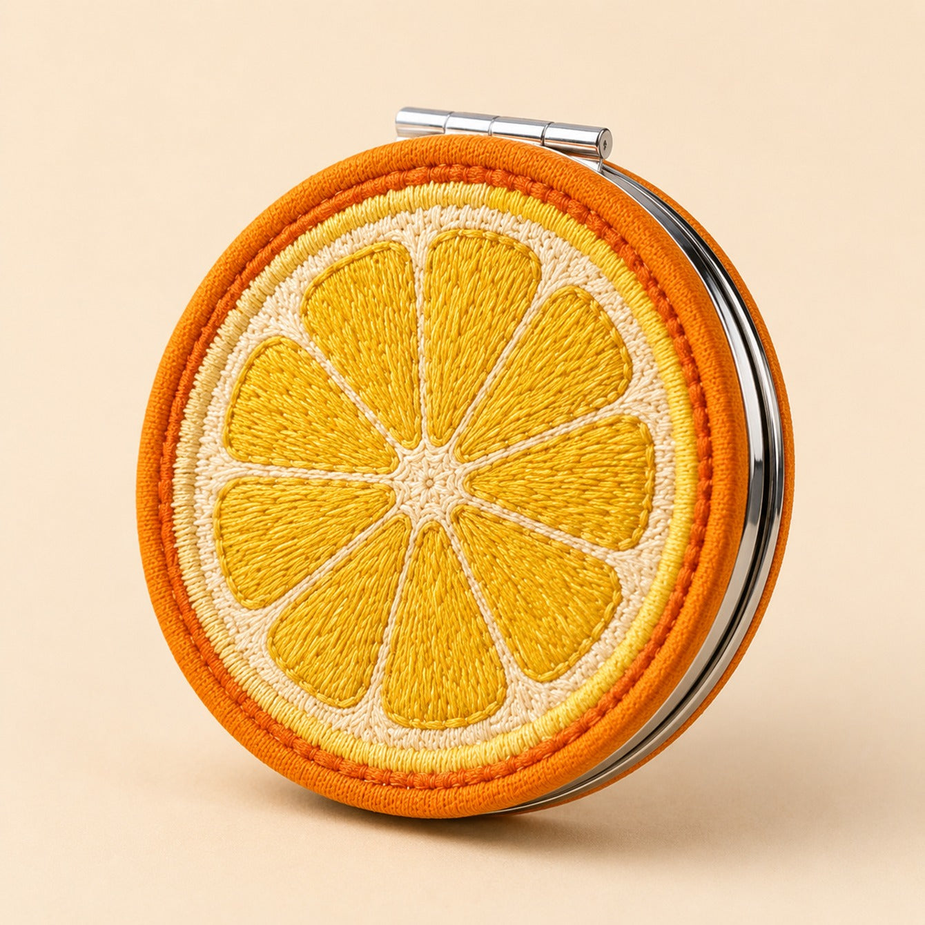 Lemon embroidered cotton fabric compact mirror with electroplated iron frame
