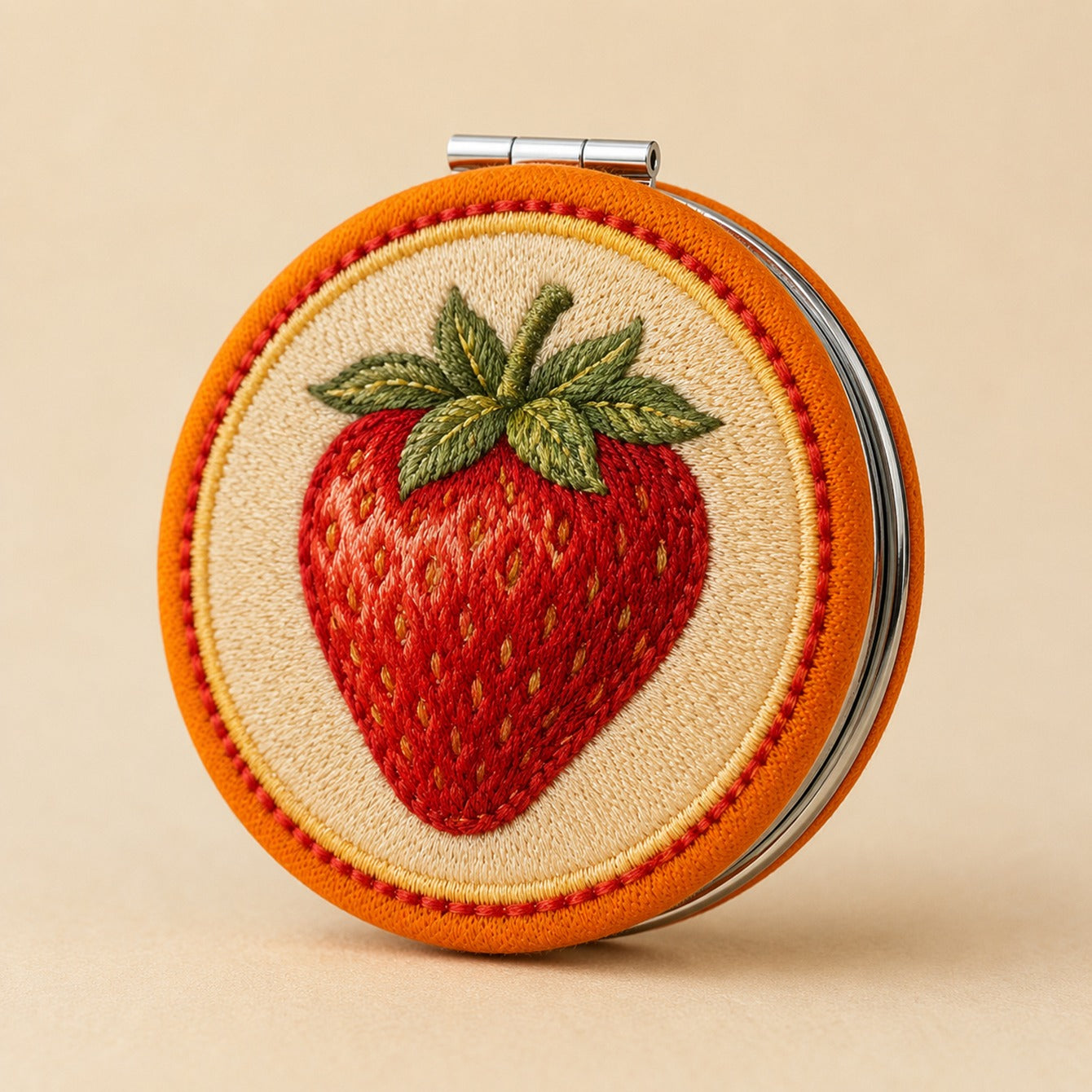 Strawberry embroidered cotton fabric compact mirror with electroplated iron frame